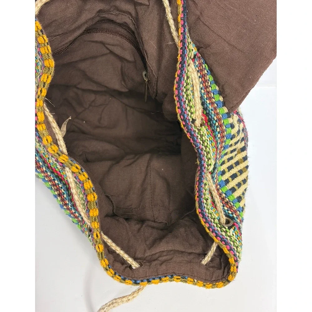 Boho Woven Tapestry Backpack Multi Color Geometric Drawstring Rucksack Festival